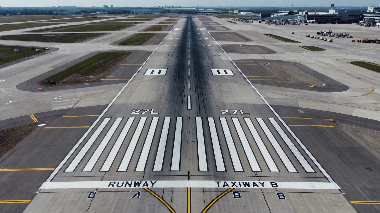 Drone survolant une chaussée de piste d'aéroport pour l'inspection de pente et le relevé de profil longitudinal