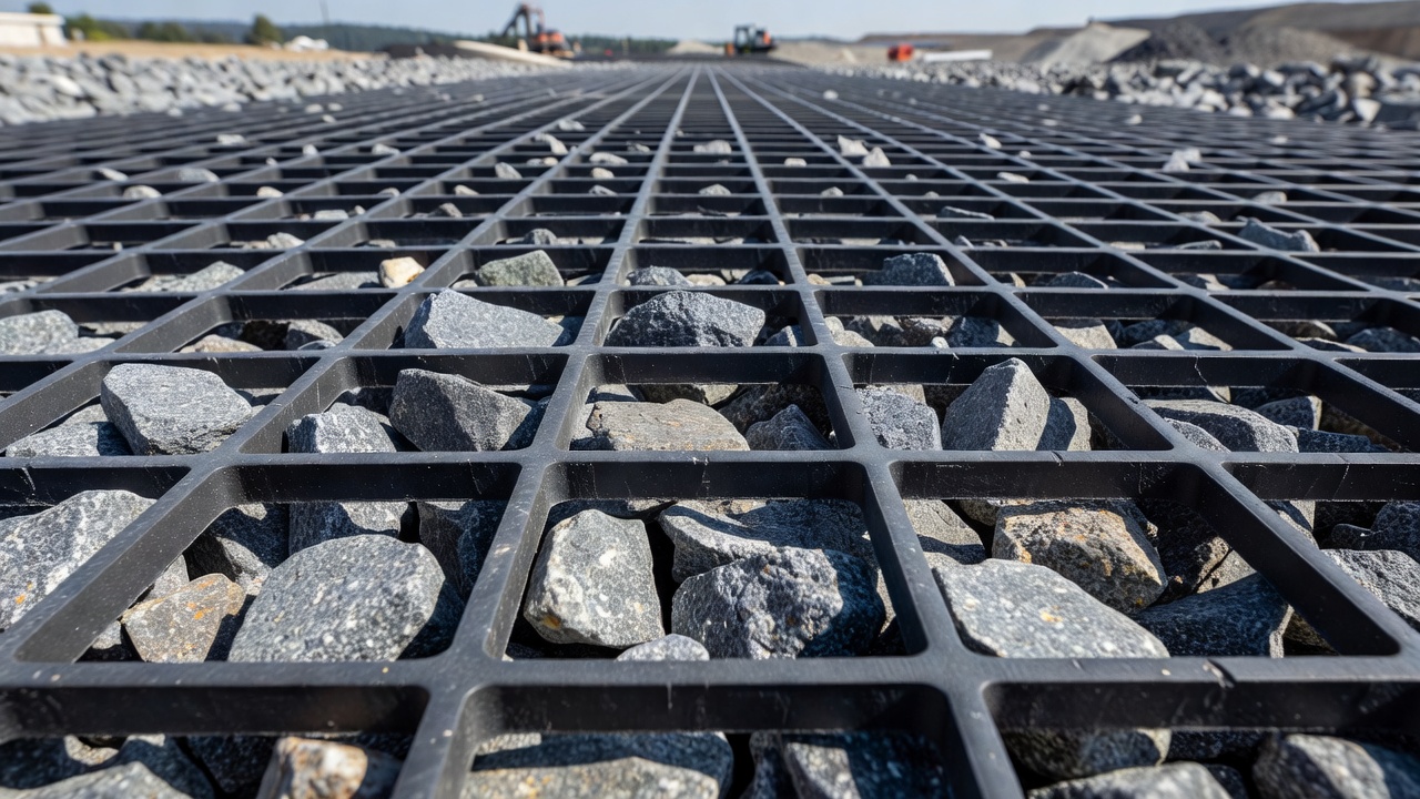 Detailní záběr na biaxiální geogrid s propojením kameniva skrze otvory