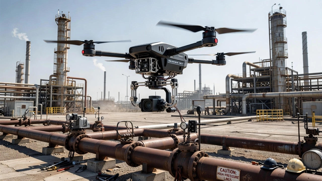 Drone professionnel avec système de gimbal de caméra 3 axes en vol lors d'une inspection aérienne d'infrastructures en plein jour