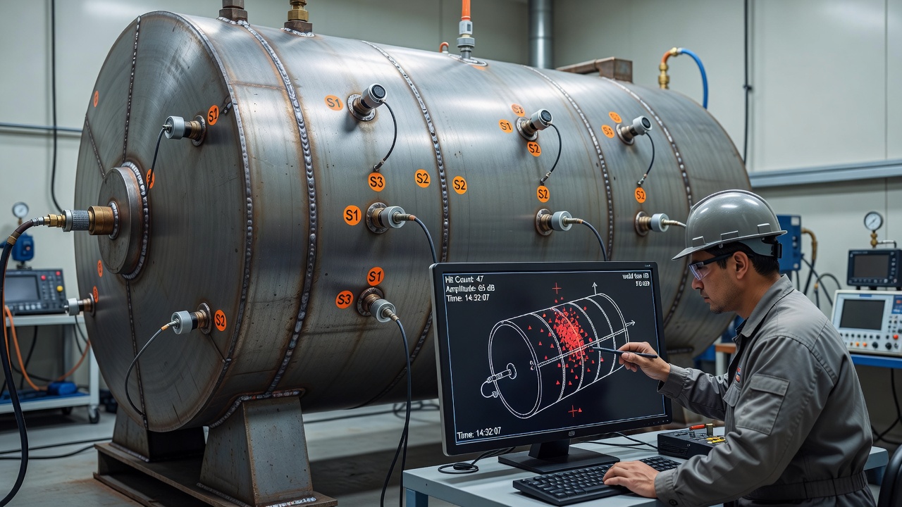 Acoustic emission source location triangulation on a steel pressure vessel with multiple piezoelectric sensor positions shown and 2D location plot displaying hit clusters at weld toe regions