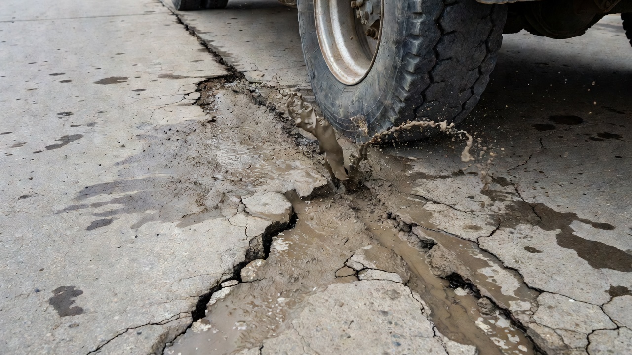 Pumping distress at concrete pavement joint showing water and mud ejection stains on pavement surface