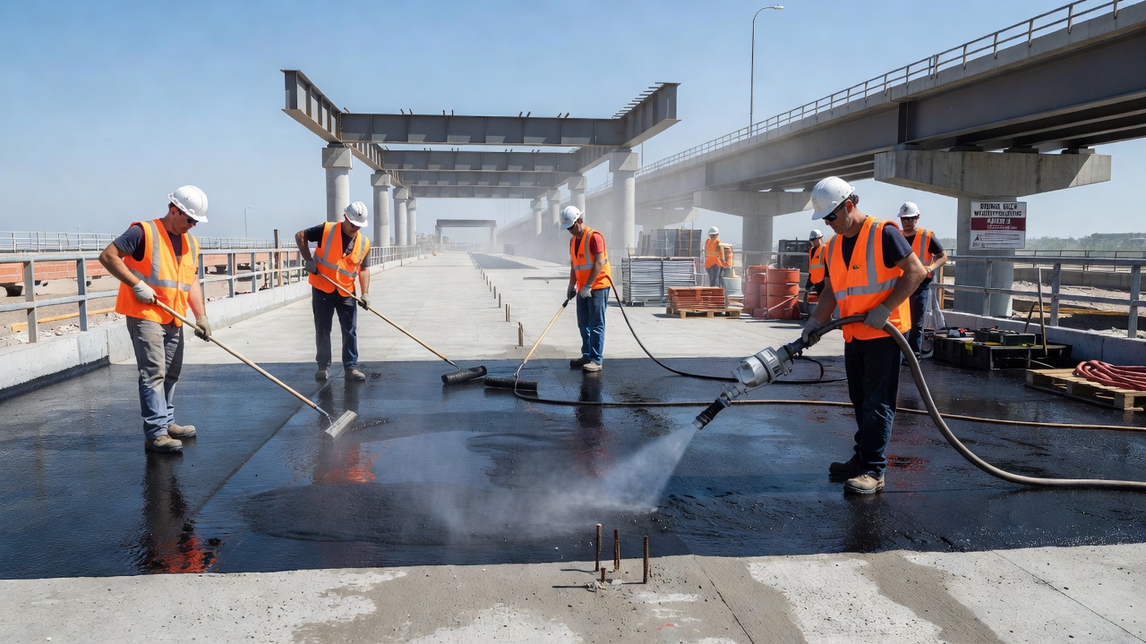 Construction workers in safety gear applying liquid-applied waterproofing membrane on a concrete bridge deck using spray equipment