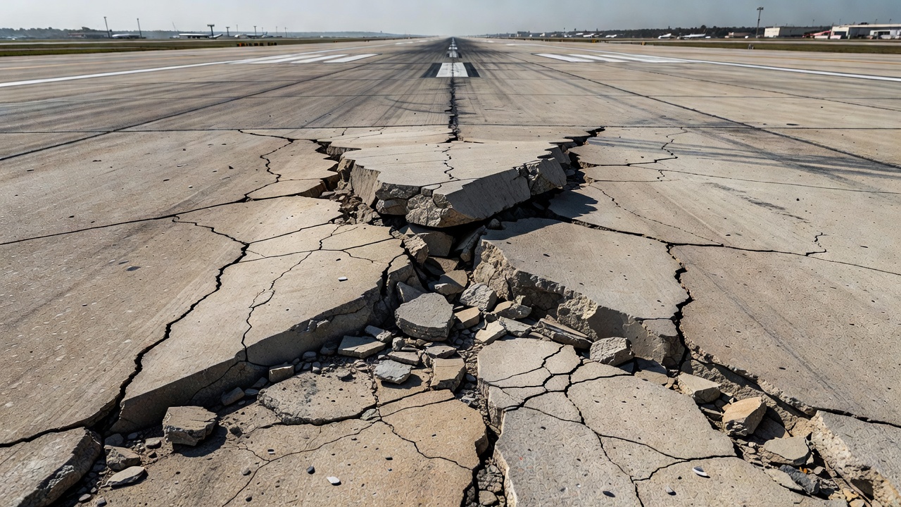 Photographie en gros plan d'un ressort de chaussée en béton sur une piste d'aéroport montrant une dalle en béton soulevée et éclatée au niveau d'un joint transversal par temps chaud
