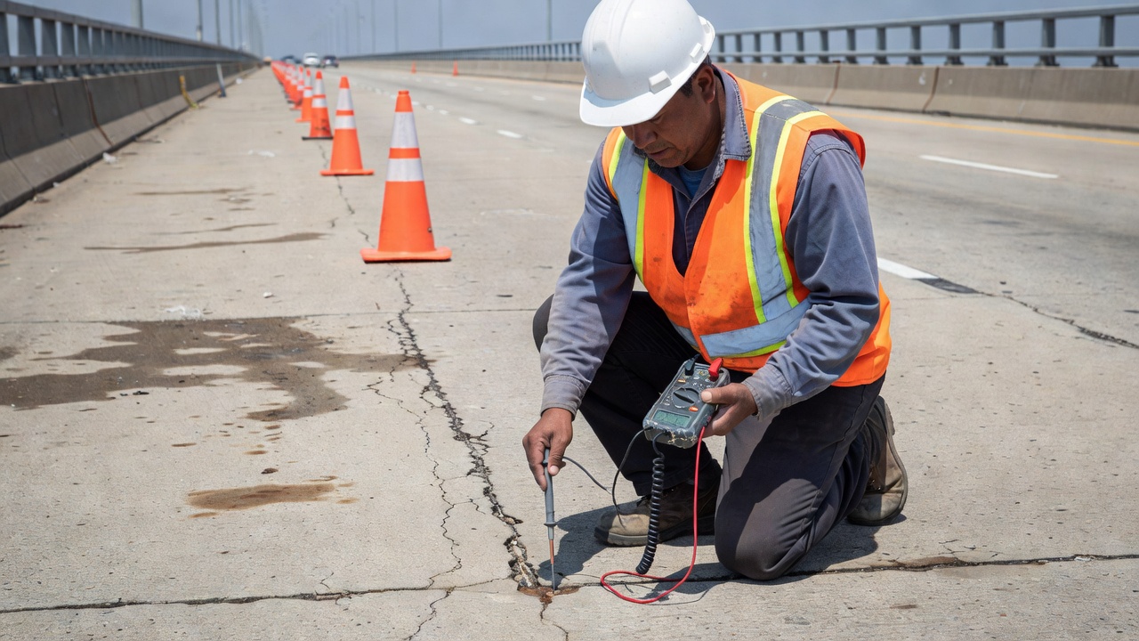 Inspecteur de corrosion mesurant la continuité et le potentiel d'un système de protection cathodique par anode galvanique sur un tablier de pont en béton à l'aide d'un multimètre et d'une électrode de référence