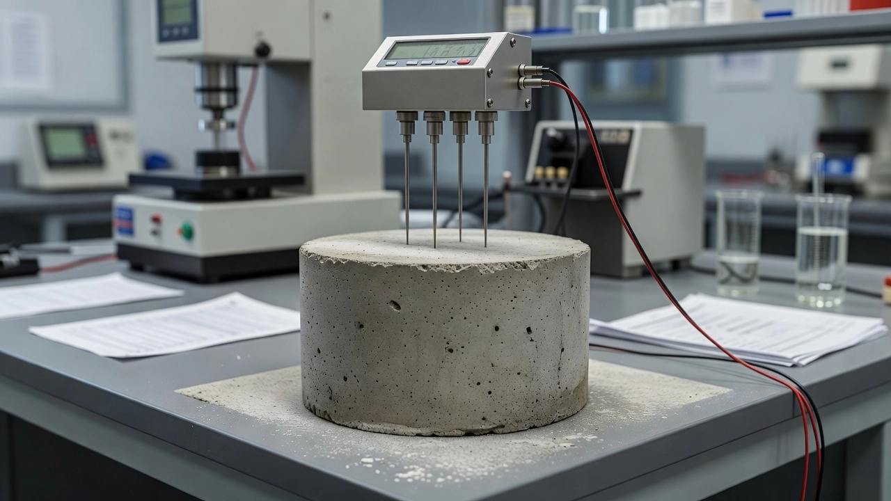 Cylindre de béton en laboratoire testé avec un mesureur de résistivité à quatre pointes Wenner