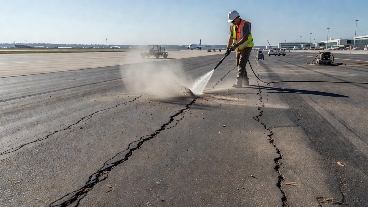 Asphalt pavement surface with non-working cracks being cleaned with compressed air before crack filling