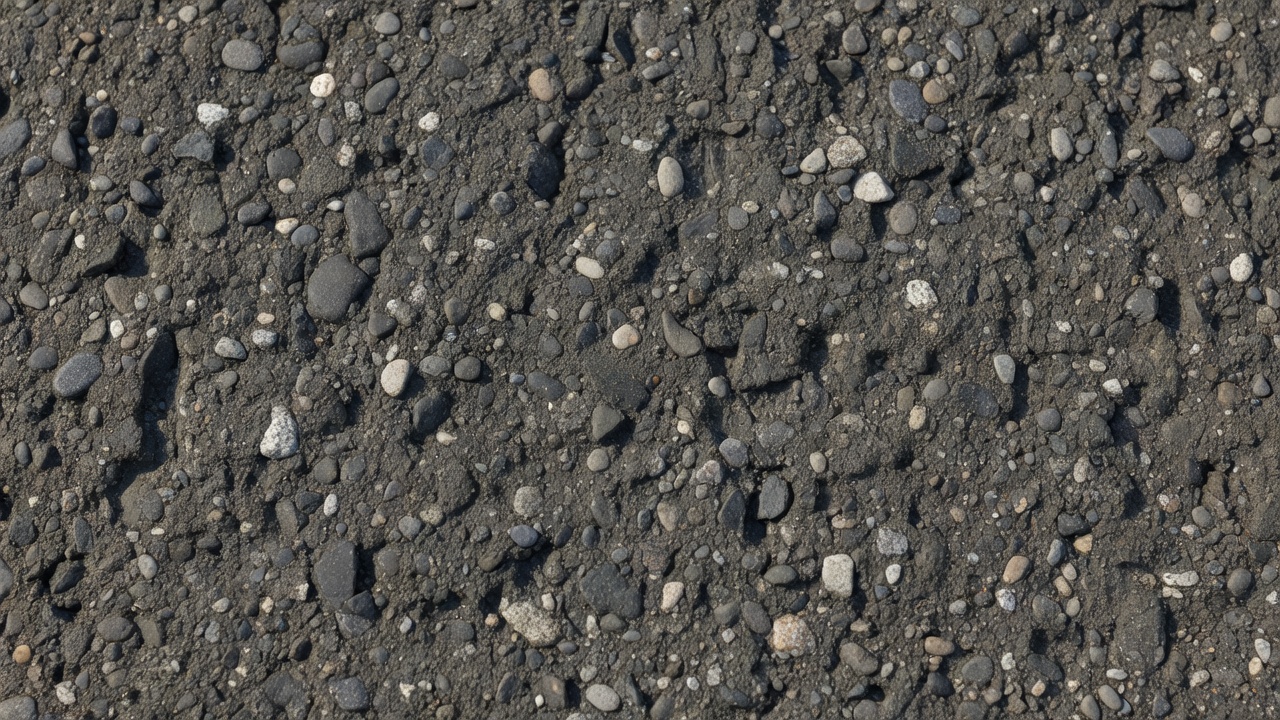 Detail textury povrchu vozovky z válcovaného betonu ukazující hustý povrch s kamenivem