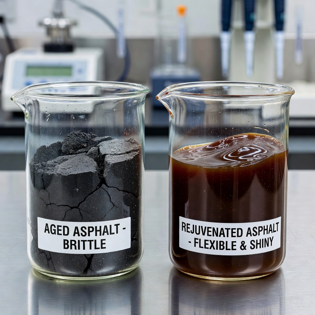 Comparaison en laboratoire d'échantillons de liant d'asphalte vieilli et cassant versus liant régénéré flexible dans des béchers en verre