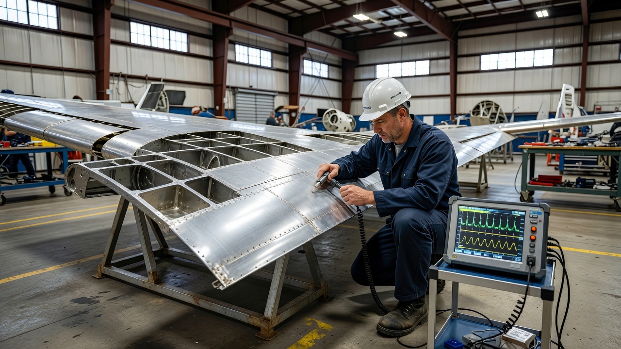 NDT technician inspecting aluminum aircraft wing structure with eddy current testing sliding probe and display instrument in an aerospace hangar