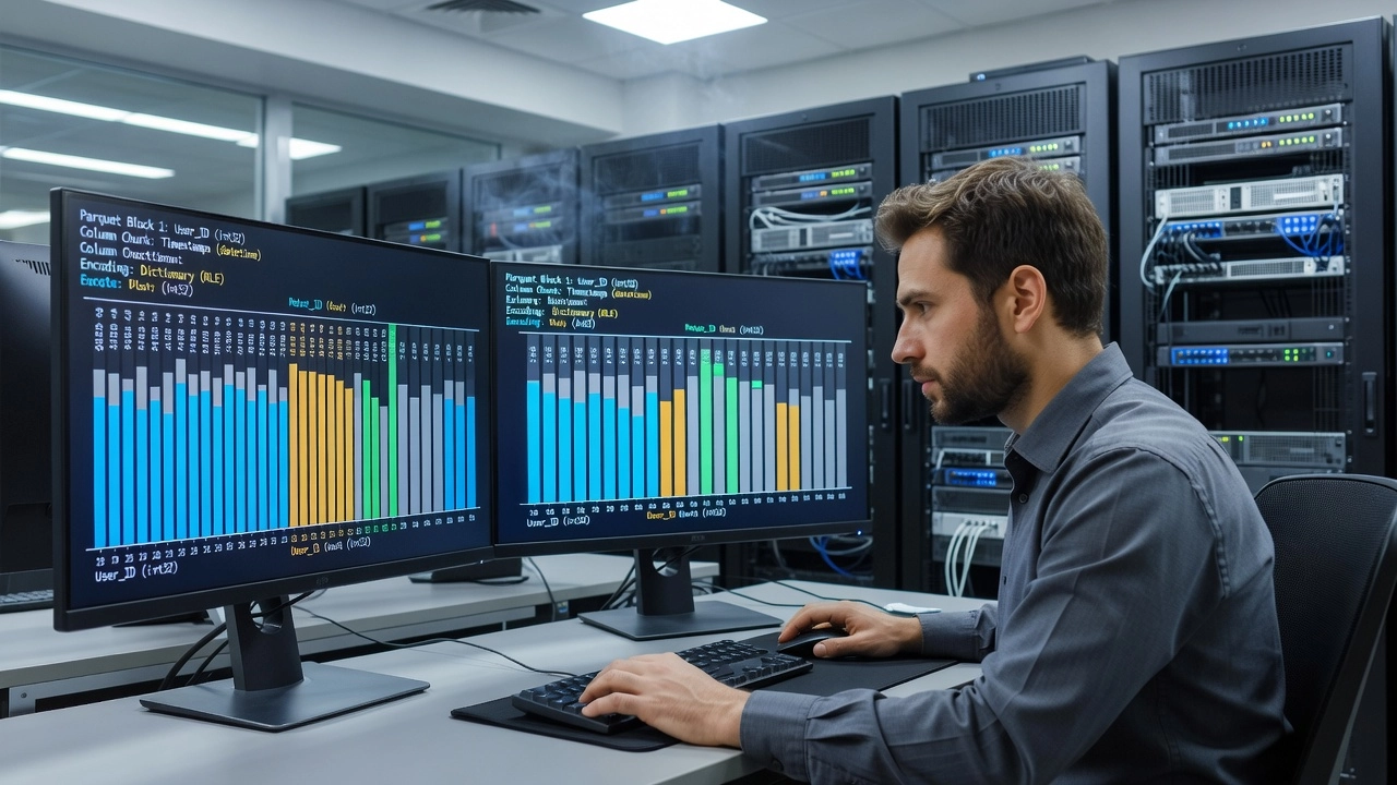 Dátový inžinier analyzujúci vizualizáciu stĺpcového ukladania na duálnych monitoroch s diagramami štruktúry Parquet súboru
