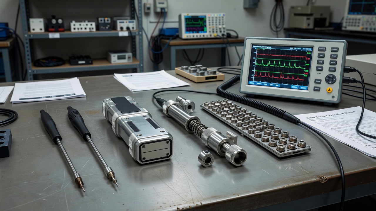Various eddy current testing probes arranged on a workbench including pencil, surface, bolt hole, and array probes next to an ECT instrument display