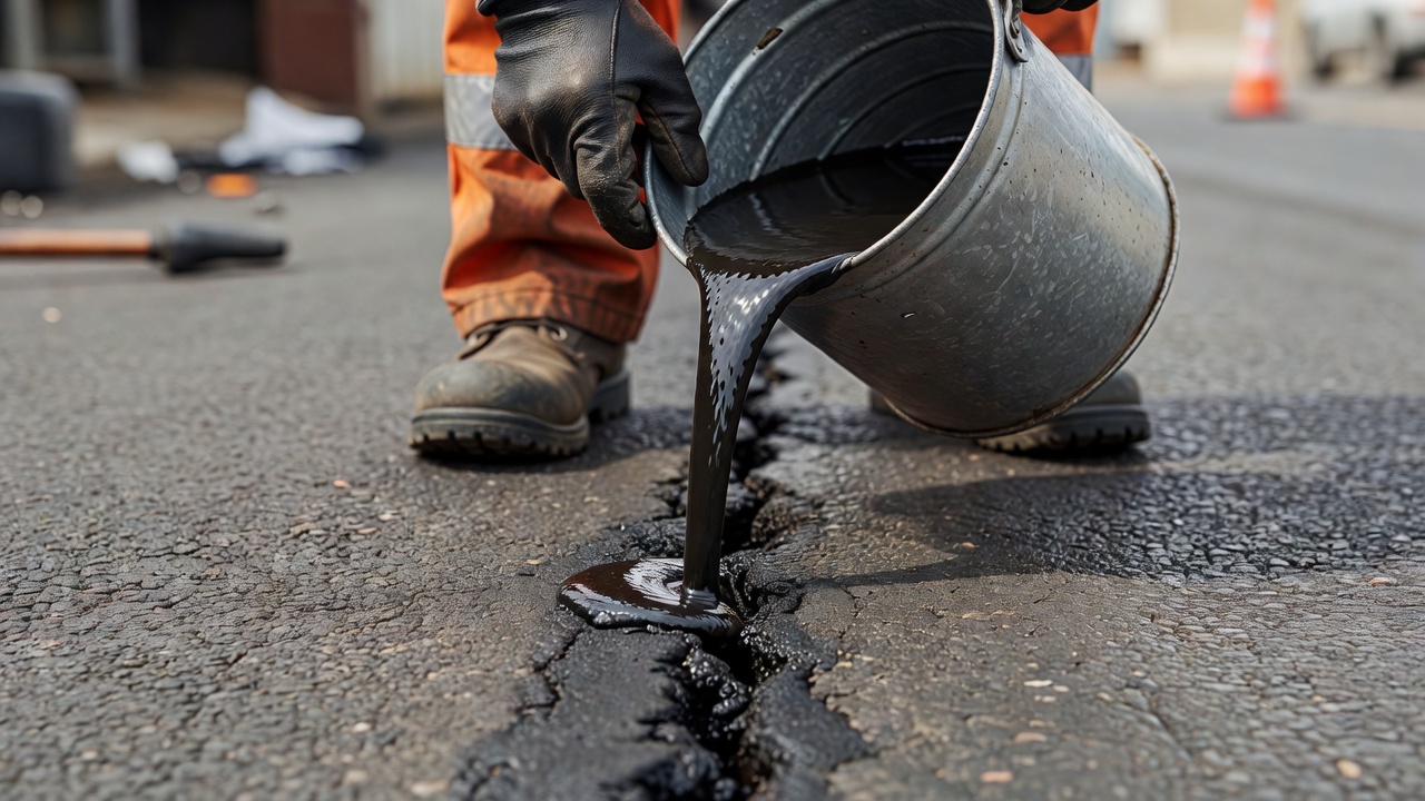Worker applying cold-pour crack filler into an asphalt pavement crack using a pour pot