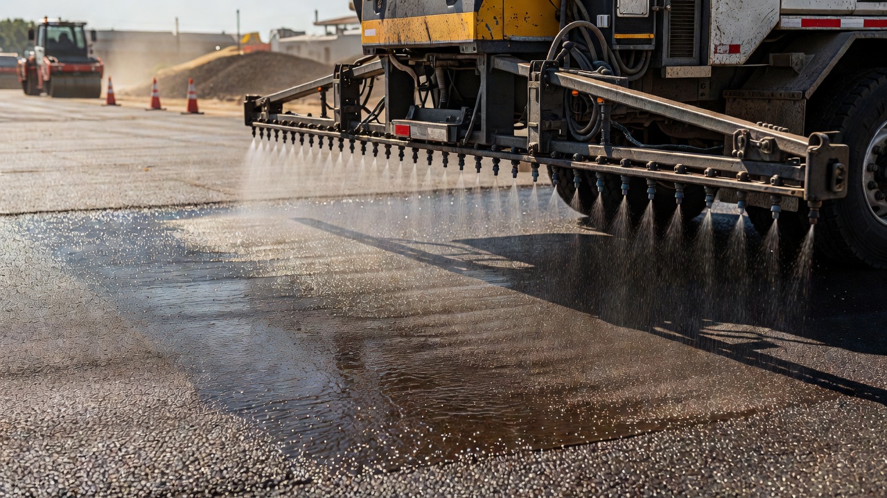 Asphalt distributor truck spraying tack coat emulsion on pavement surface with uniform spray pattern from nozzles