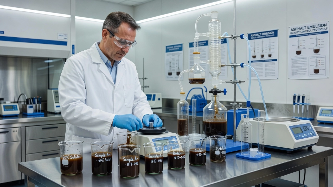 Laboratory quality testing of asphalt emulsion samples with beakers, distillation apparatus, and viscosity testing equipment