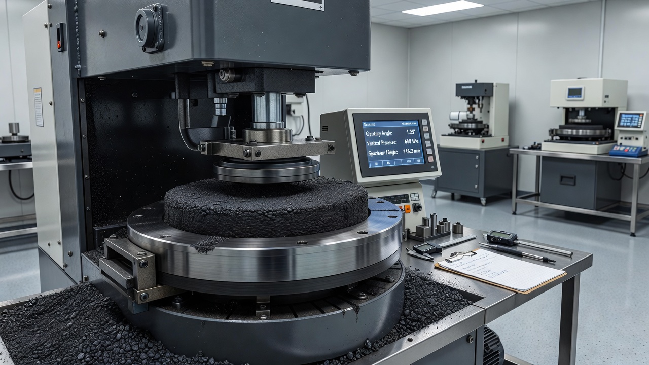 Machine de compactage gyratoire Superpave dans un laboratoire compactant un échantillon d'asphalte dans un moule métallique avec une ingénierie de précision