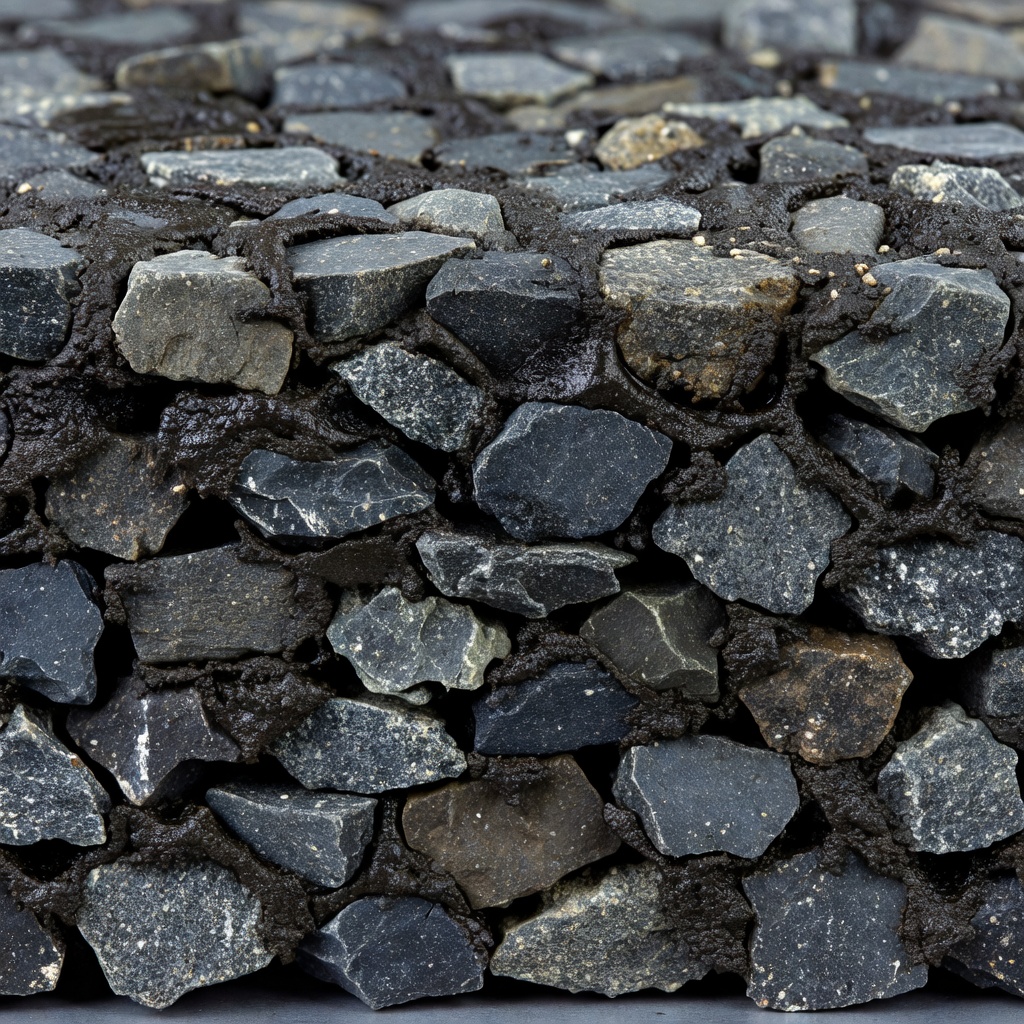 Cross-section of Stone Mastic Asphalt pavement specimen showing stone-on-stone skeleton structure with coarse aggregates in direct contact and rich mastic filling the voids