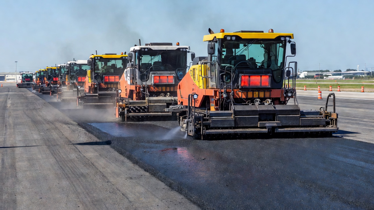 Train de recyclage à chaud in situ sur chaussée montrant les équipements de chauffage, scarification et application de régénérateur