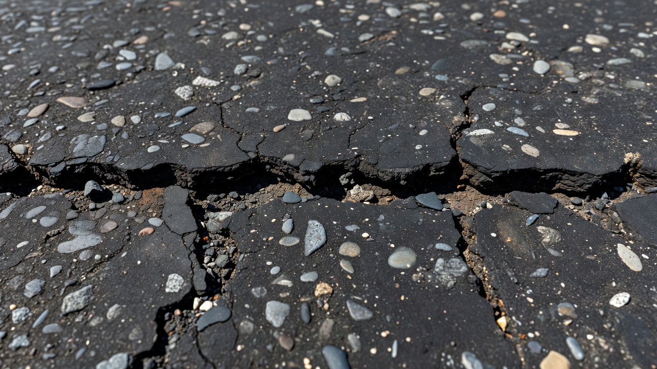 Detailed close-up of a transverse crack in asphalt pavement showing 15mm crack width with edge raveling
