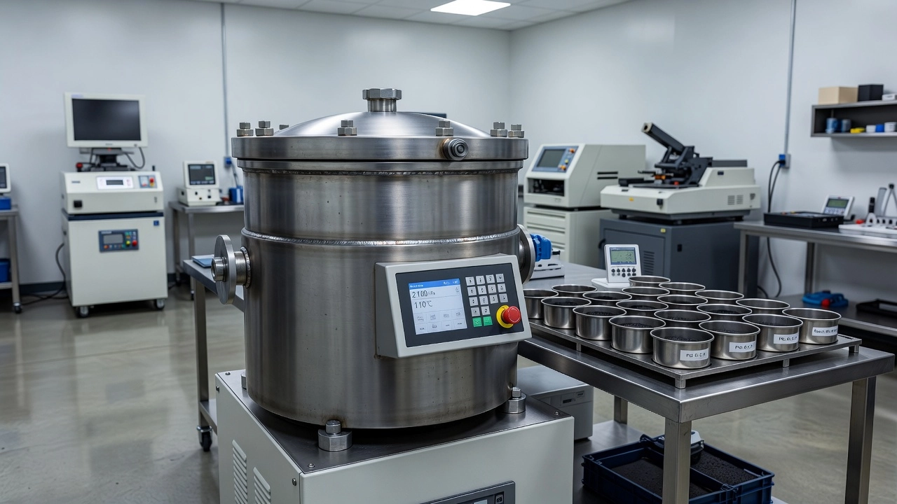 Pressure Aging Vessel PAV equipment in an asphalt laboratory for long term binder aging simulation with stainless steel pressure chamber, control panel, and sample placement rack