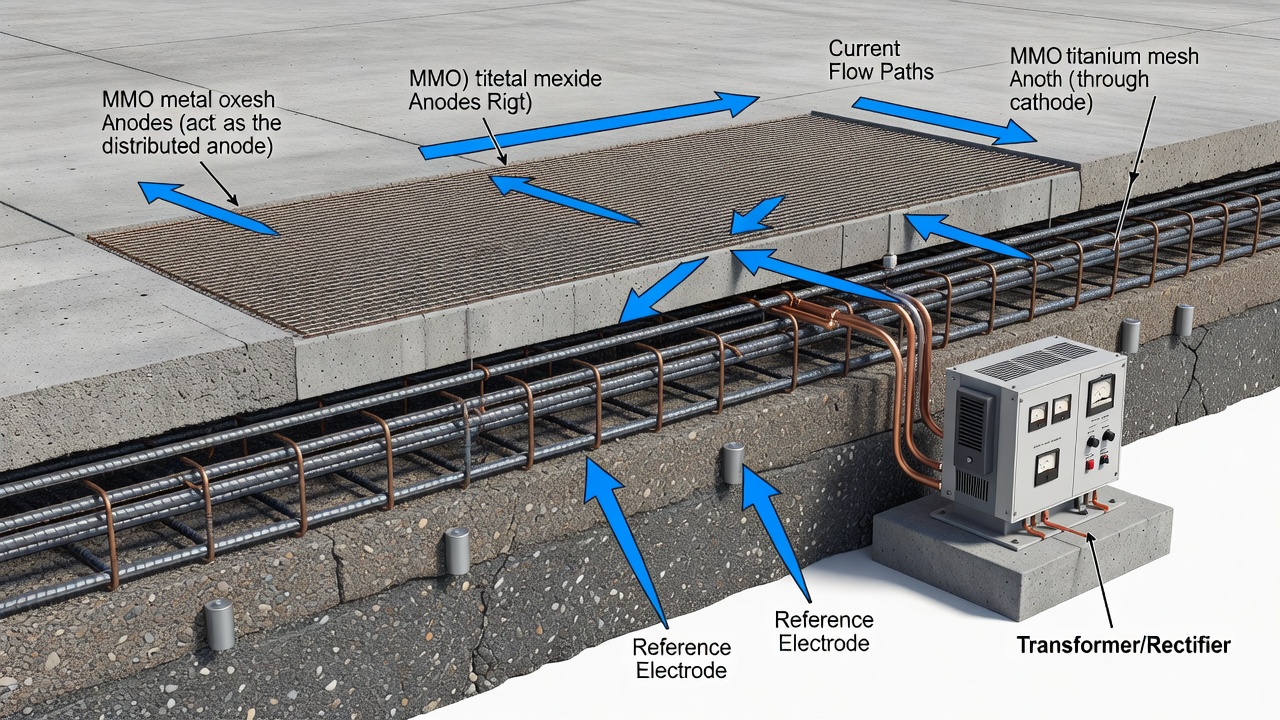 Cross-section illustration of cathodic protection system in reinforced concrete airport pavement showing MMO titanium mesh anodes, reinforcing steel, reference electrodes and transformer/rectifier