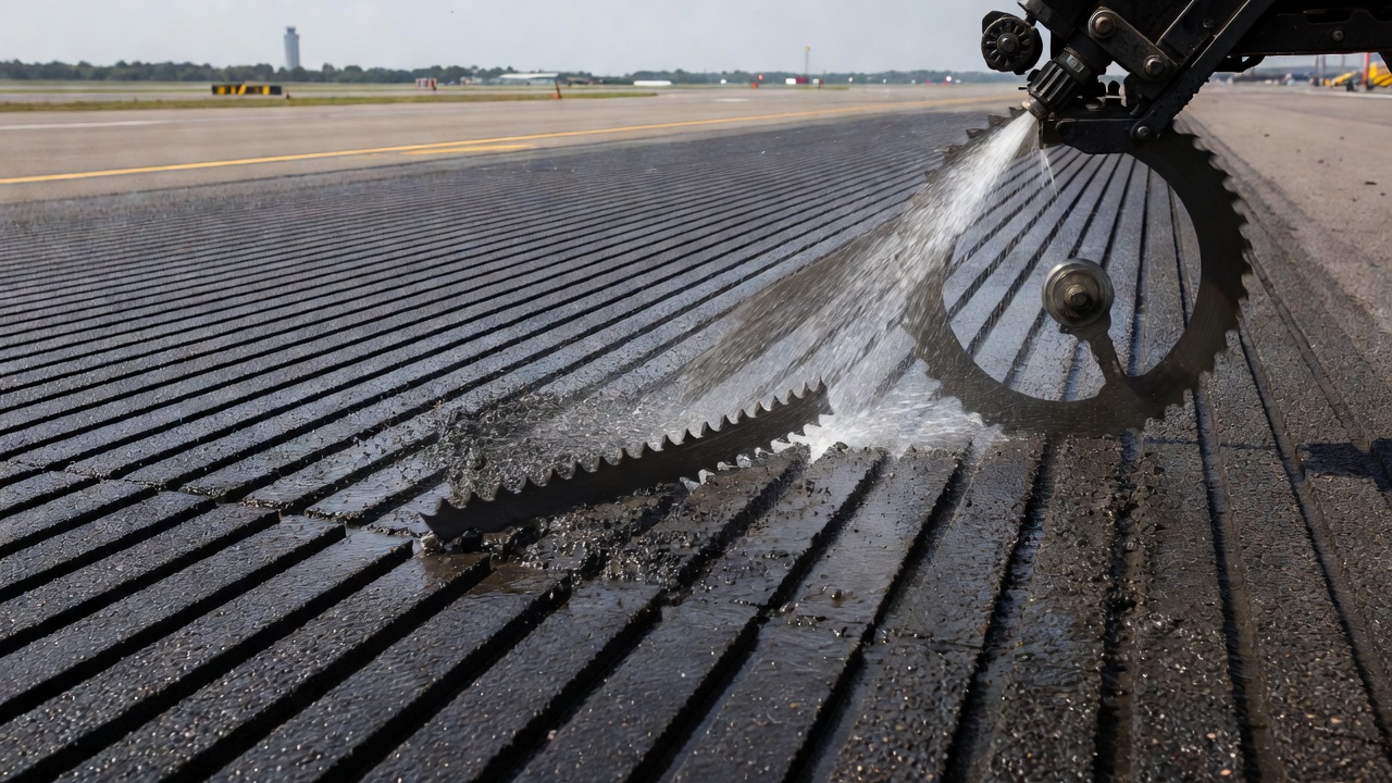 Gros plan d'une opération de rainurage diamanté sur une couche de roulement aéroportuaire en enrobé montrant des rainures transversales précises