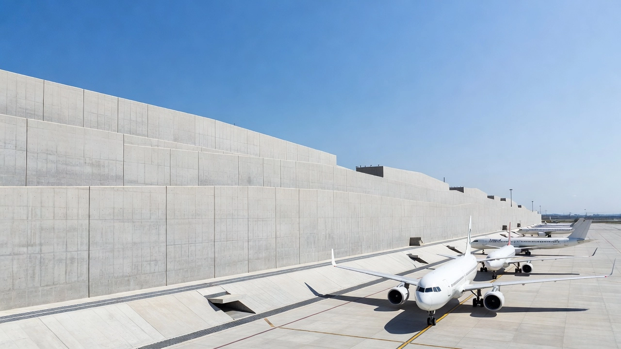 Abgestufte MSE-Stützmauern zur Stützung eines Flughafenabstellflächenbereichs mit geparkten Flugzeugen im Vordergrund, die architektonische Betonverkleidung zeigen