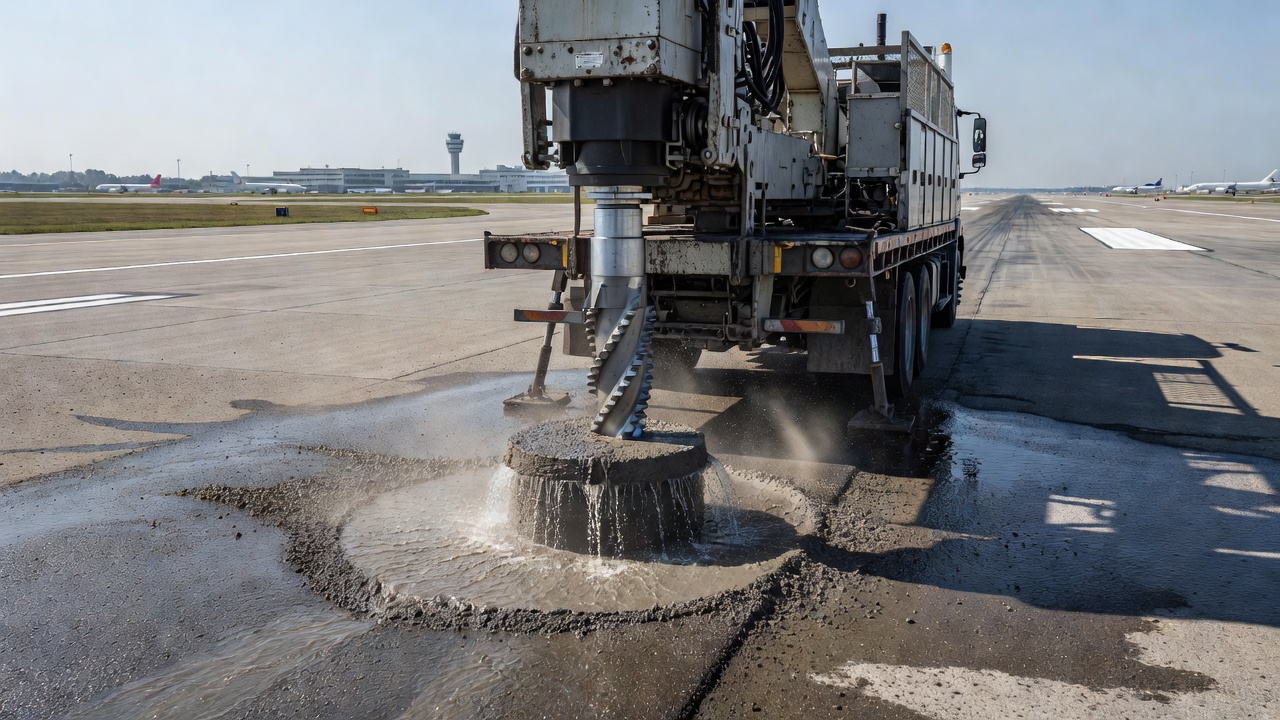 Carotteuse montée sur camion extrayant un échantillon cylindrique de carotte de la surface d'une piste d'aéroport en enrobé
