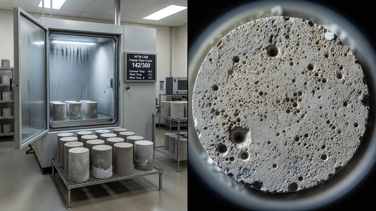 Laboratorní uspořádání pro zkoušku mrazové odolnosti ASTM C666 betonových vzorků