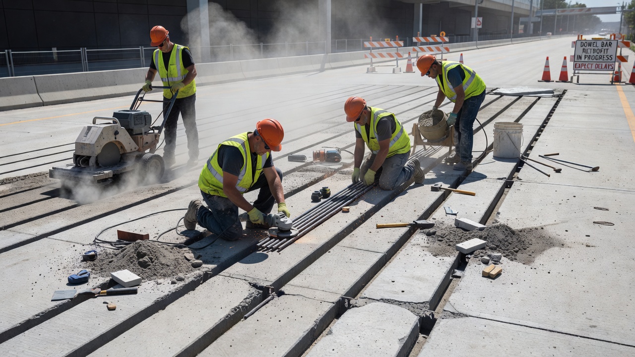 Opération de rétrofit par barres de goujon sur une chaussée en béton montrant la séquence de découpe des fentes, d'installation des barres de goujon et d'injection de coulis pour restaurer le transfert de charge aux joints présentant du faulting