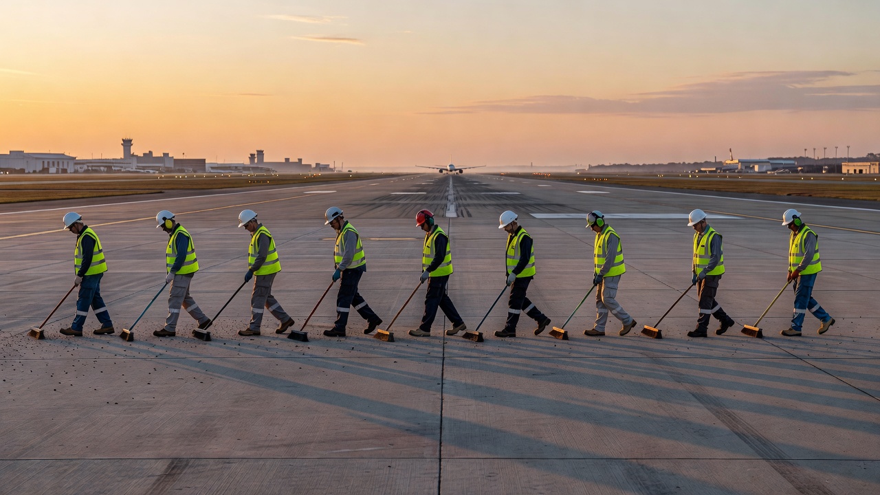 Équipe de maintenance aéroportuaire effectuant une inspection FOD sur une piste à l'aube avec des travailleurs en gilets de sécurité marchant en formation sur la surface de la chaussée