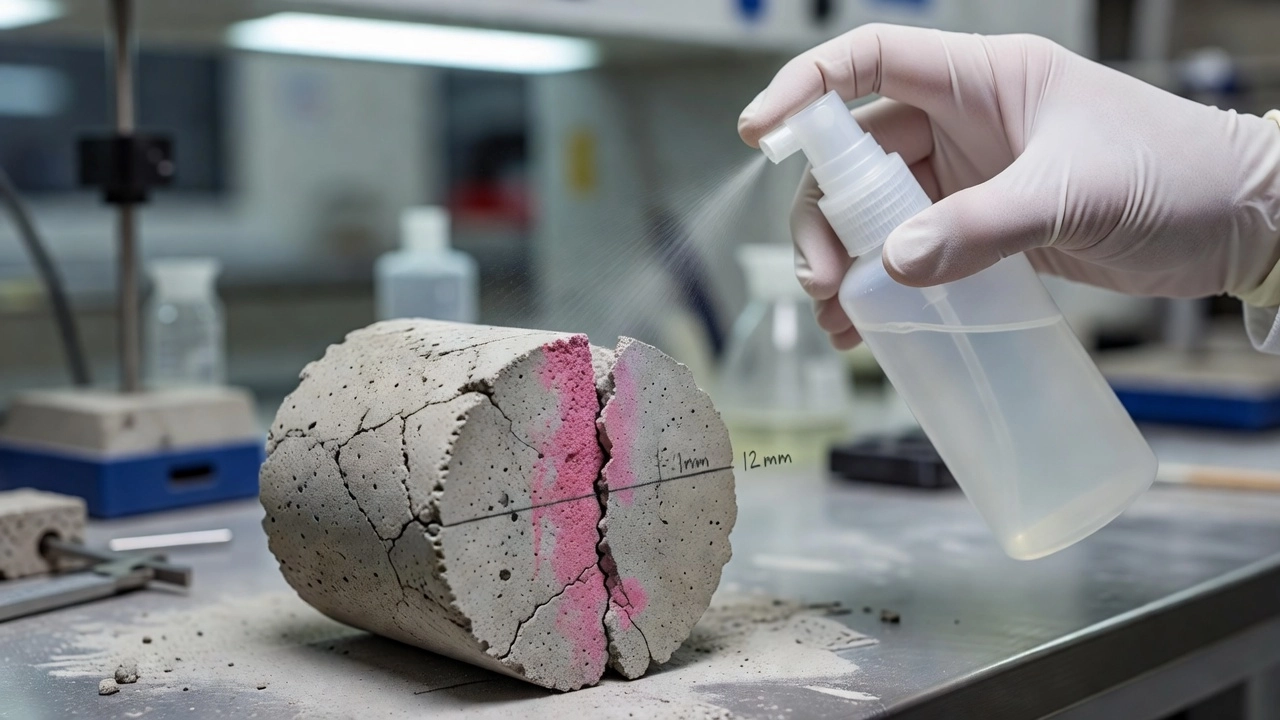 Concrete core with phenolphthalein pH indicator showing pink alkaline zone and colorless carbonated zone with clear boundary line
