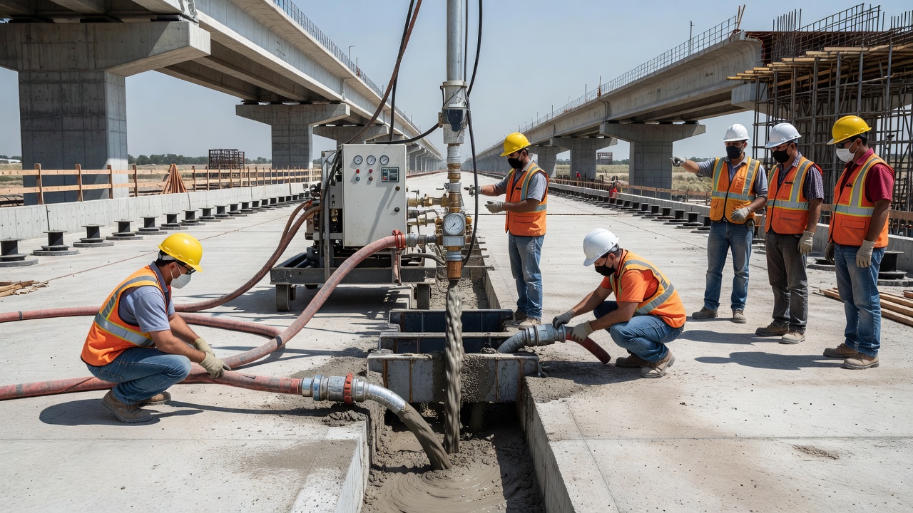 Injection de coulis en cours sur une gaine de câble de précontrainte par post-tension d'un pont en béton pendant la construction