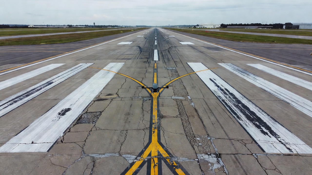 Drone aerial view of runway pavement inspection showing deteriorated and faded pavement markings on airport runway surface