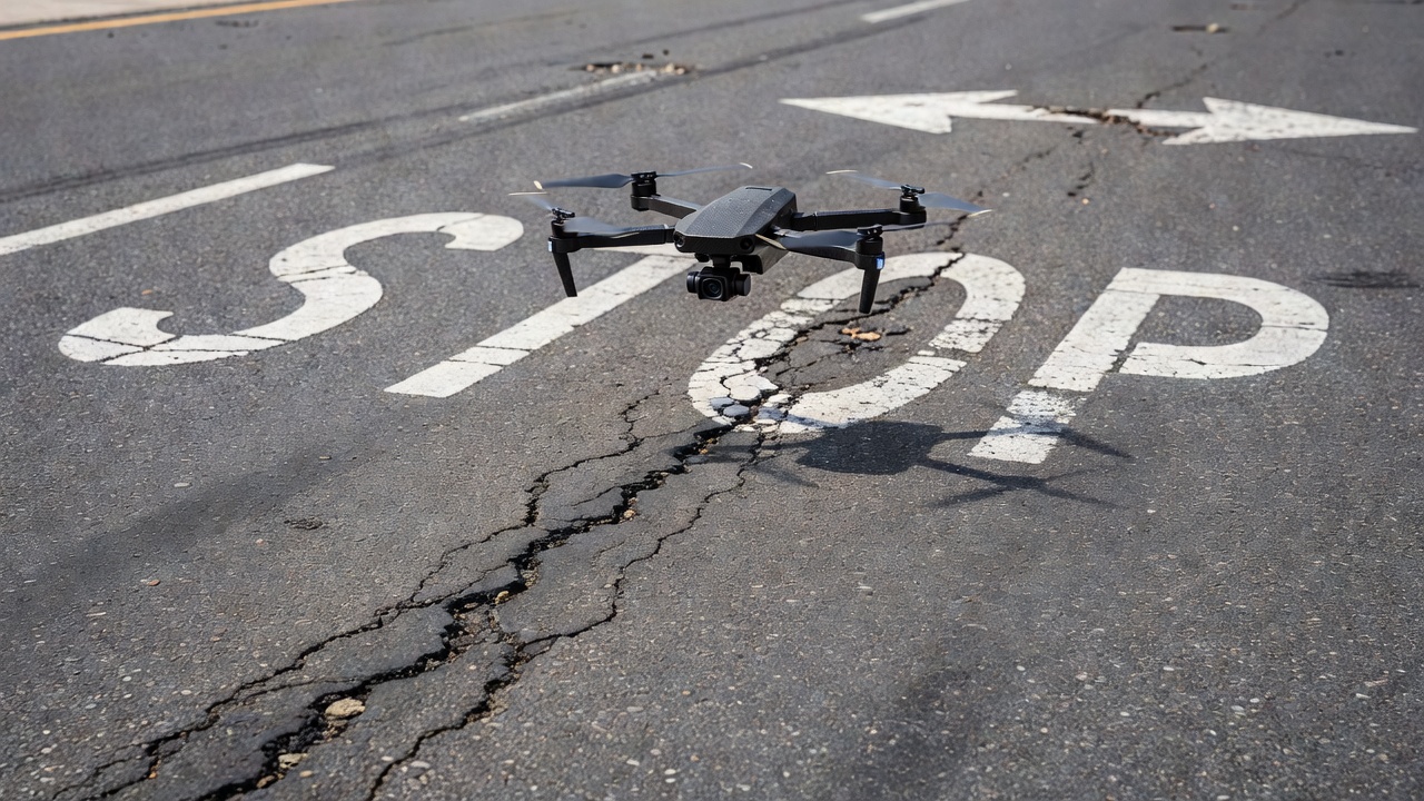 Drone survolant une chaussée bitumineuse pour une inspection saisonnière de l'état avec caméras thermiques et RVB