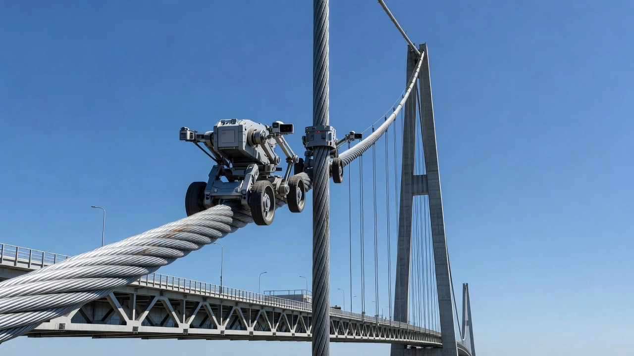 Cable inspection robot climbing vertically on a bridge stay cable with sensors wrapped around the cable