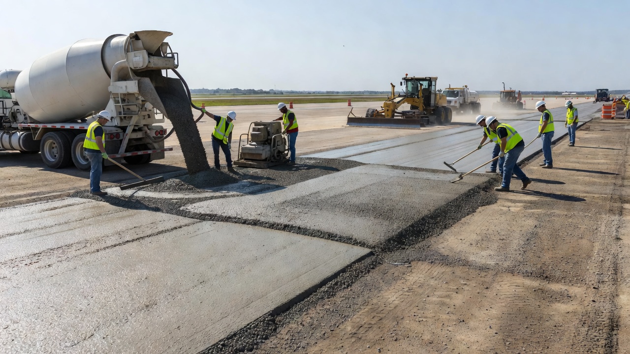 Construction d'une couche de base traitée au ciment sur un projet de chaussée aéroportuaire avec camion malaxeur à béton et travaux de nivellement