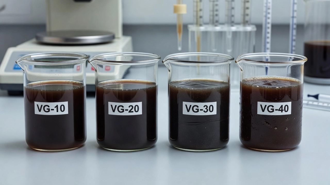 Comparaison d'échantillons de liants bitumineux VG-10, VG-20, VG-30 et VG-40 dans des récipients en verre de laboratoire