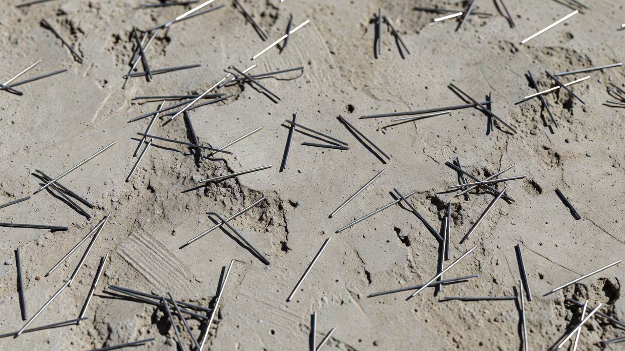 Close-up of steel fiber reinforced concrete pavement surface showing fibers embedded in the concrete matrix