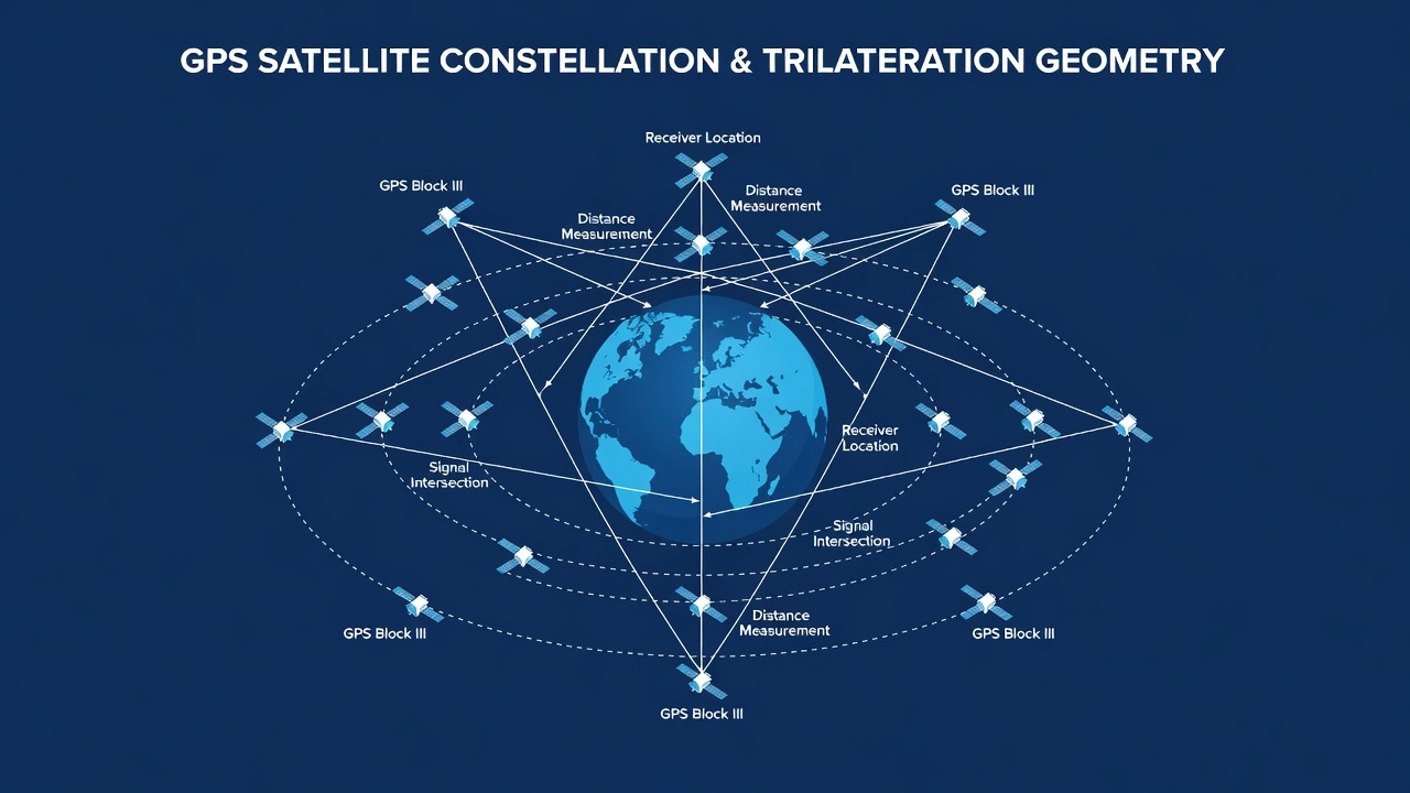 GPS satellite constellation and trilateration geometry for positioning