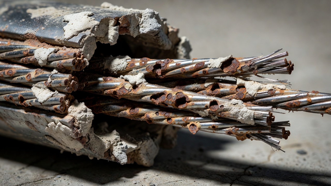 Toron de précontrainte corrodé avec corrosion par piqûres exposé après ouverture d'une gaine injectée montrant des preuves d'injection incomplète