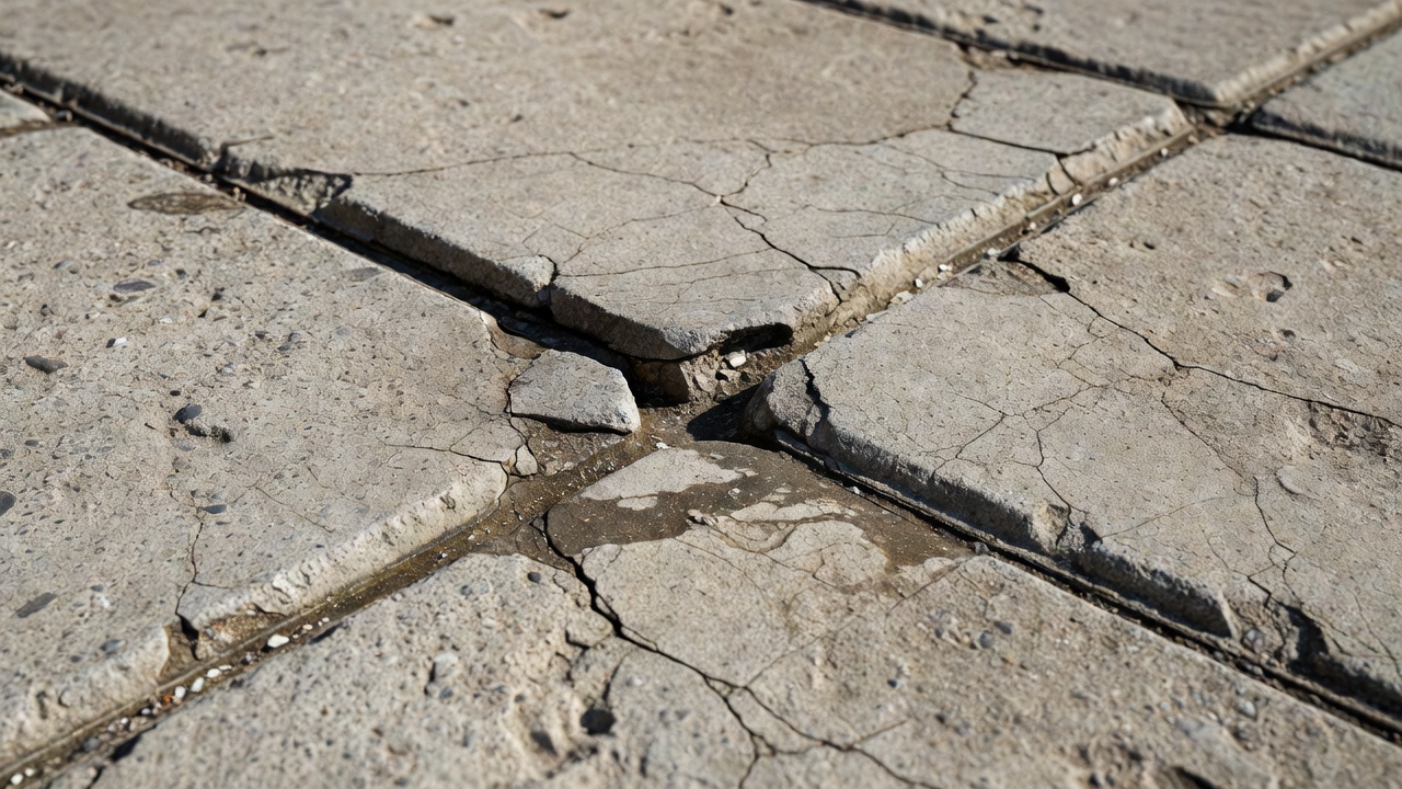 Faulting at concrete pavement joint showing vertical step between adjacent concrete slabs with weather and wear damage