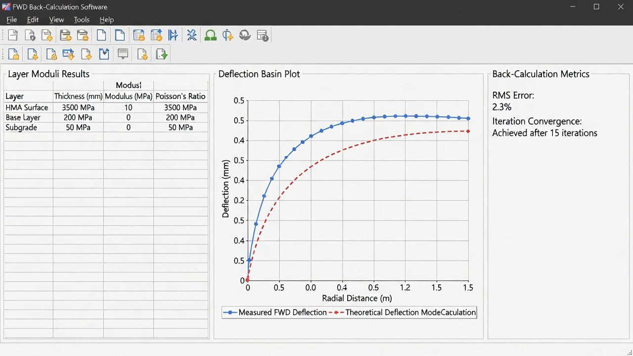 Interface de logiciel de rétro-calcul FWD montrant un tableau de résultats de modules de couches de chaussée, un graphique de bassin de déflexion et des valeurs d'erreur RMS pour les couches de HMA, base et sol support