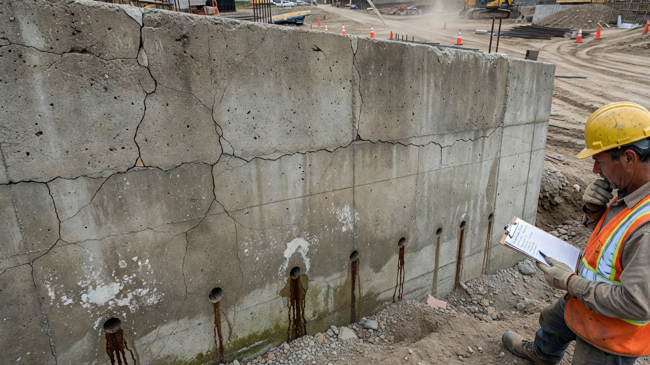 Beton-Kragarmstützmauer mit sichtbaren horizontalen Rissen, leichter Neigung und Entwässerungssickerlöchern mit Wasserflecken während einer Prüfung