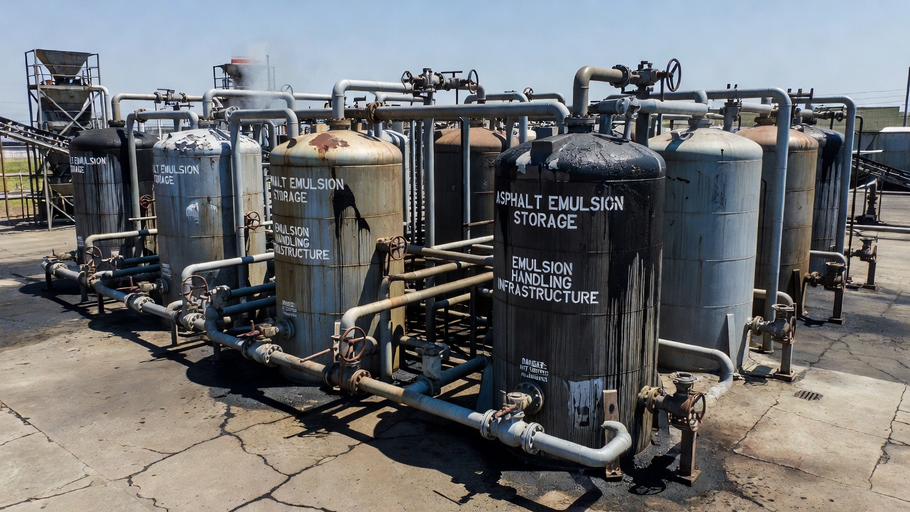Large vertical cylindrical storage tanks for asphalt emulsion at an industrial asphalt plant with piping and valving system