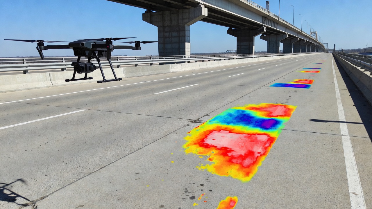 Drone equipped with infrared thermal camera flying over bridge infrastructure for non-destructive thermographic inspection