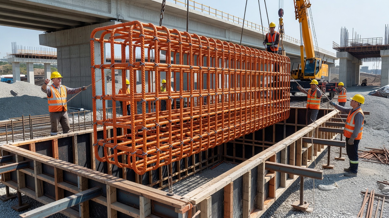 Epoxy-coated rebar cage being prepared for concrete placement on construction site