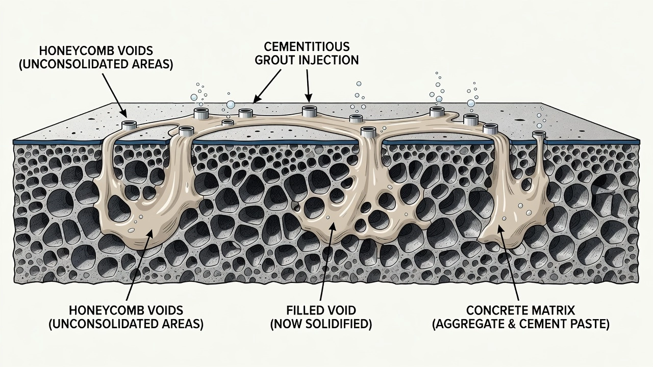 Průřezový diagram znázorňující injektážní lití vyplňující kaverny v betonové konstrukci