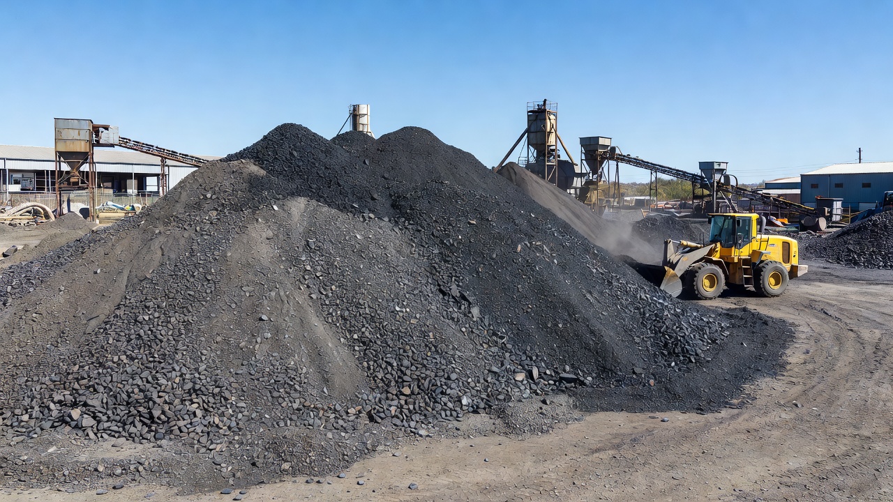 Large stockpile of crushed reclaimed asphalt pavement material at an asphalt plant facility