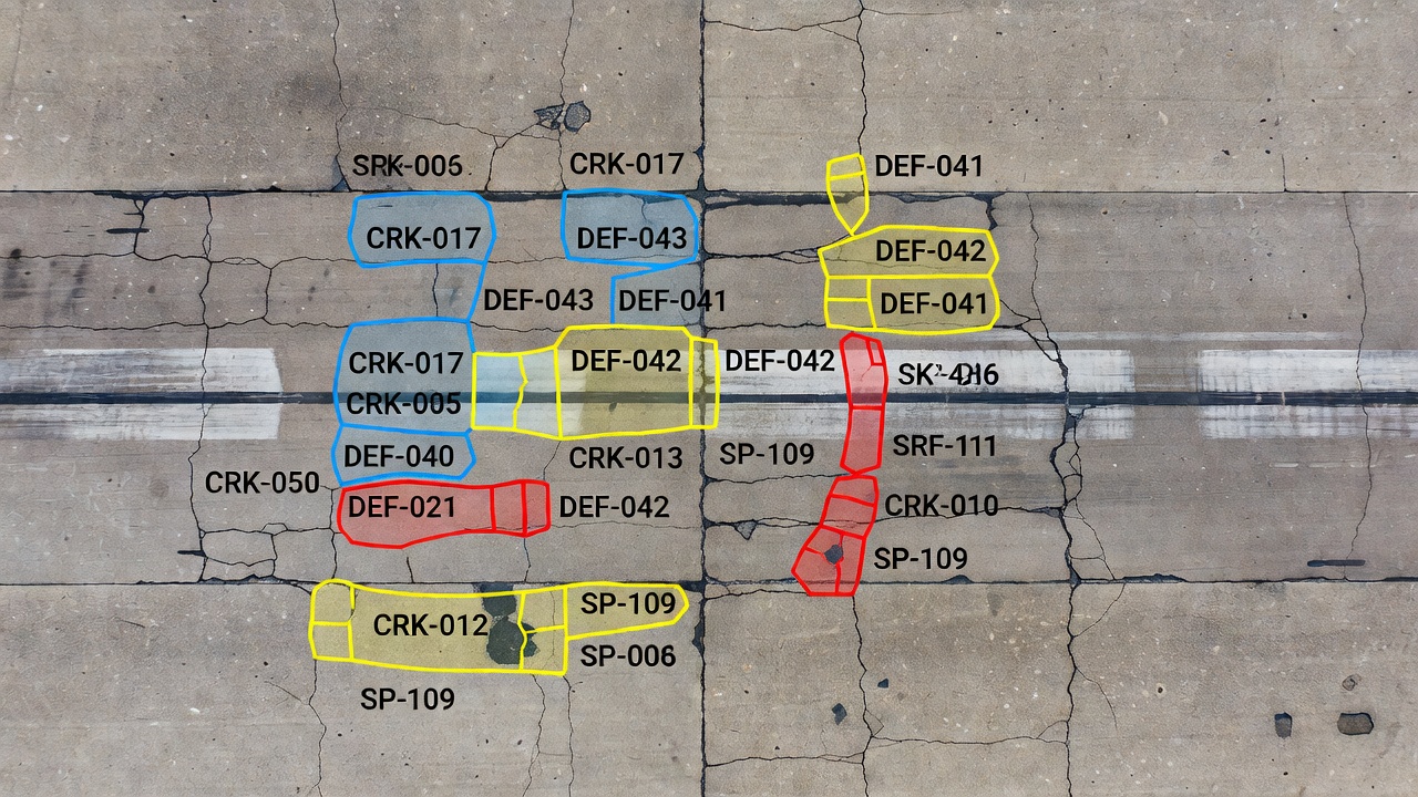 Drone aerial view of airport runway pavement with instance segmentation overlays showing multiple cracks and defects each highlighted with unique colored masks and ID labels