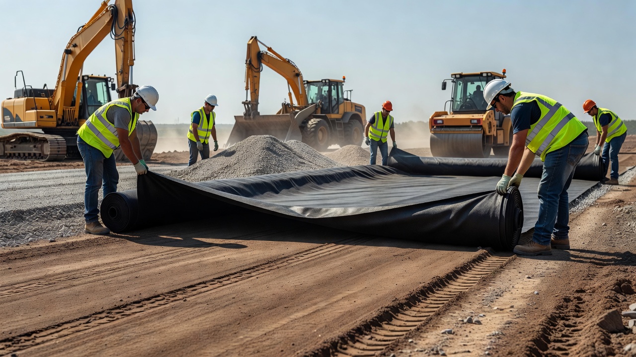 Ouvriers de construction installant un tissu géotextile sur le sol de fondation d'une route avant la mise en place de la couche de base en gravier pour la construction d'une chaussée routière